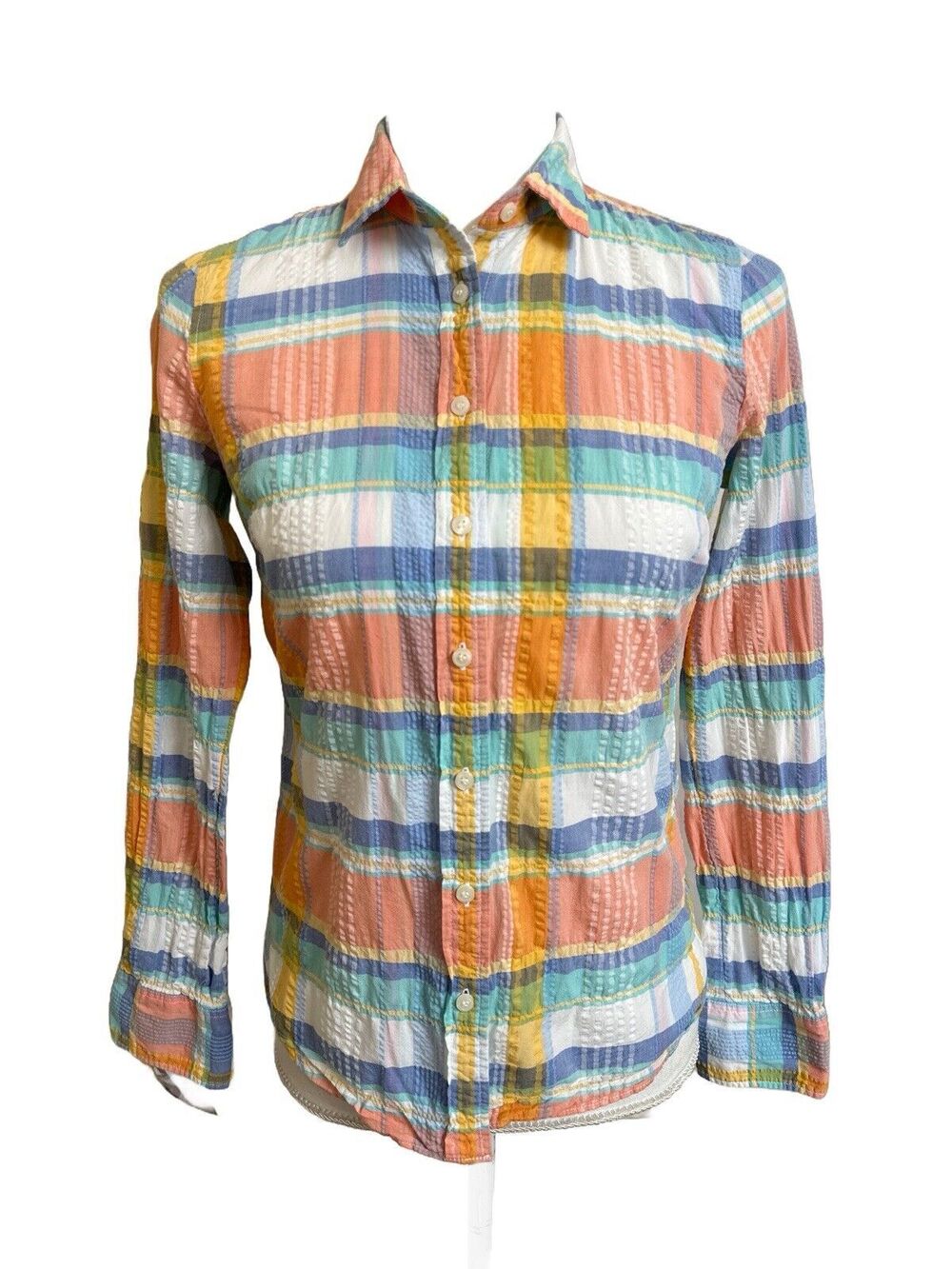 J. Crew Women's XXS Seersucker Button Down Shirt Pastel Plaid Cotton Stretch